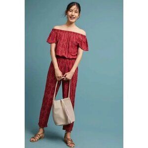 Anthropologie Beachgold Nighttide Off the Shoulder Jumpsuit Size XXS Red Print